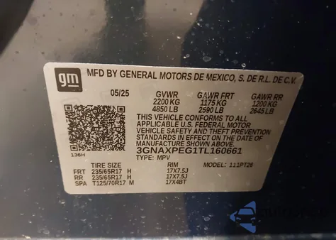 2026 Chevrolet Equinox Awd Lt from USA, damaged, VIN 3GNAXPEG1TL160661